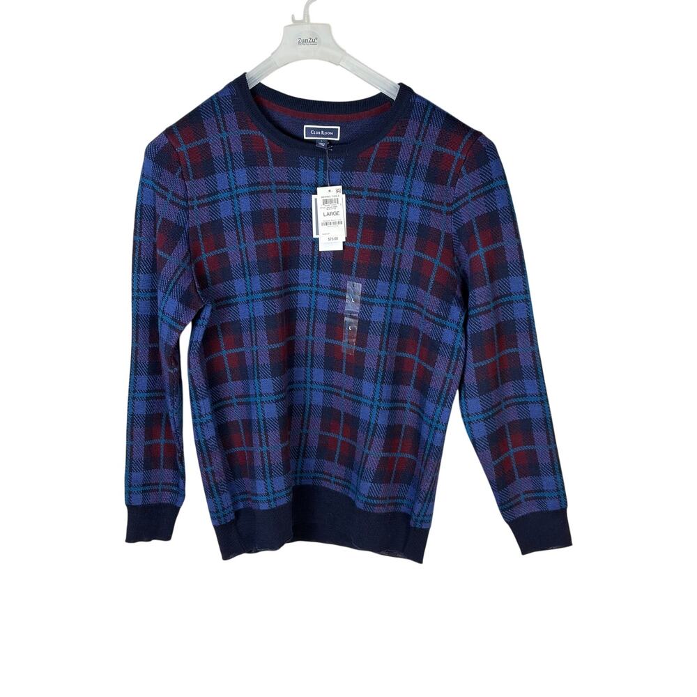 Club Room Purple and Red Plaid Merino Wool Crewneck Sweater Mens L NWT